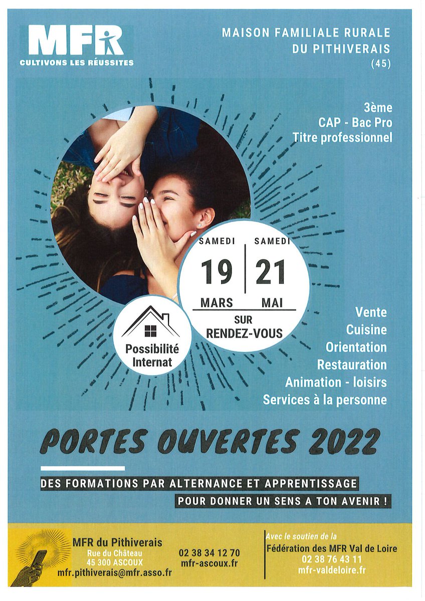 MfrPithiverais's tweet photo. PORTES OUVERTES 2022 

    Du mercredi 2 mars 2022 à 09h00, au jeudi 3 mars 2022 à 09h00
    
A l'occasion de la porte ouverte du 19 mars les élèves de CAPA SAPVER vous accueilleront autour d'une animation en lien avec la petite enfance. https://t.co/Q0xZRxEIIc