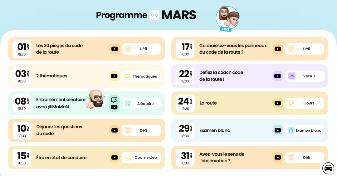 Lepermislibre's tweet photo. En mars, ça repart ! 🚀  Ça tombe bien, le programme des lives sur le code de la route du mois est dispo 👇  
#Lepermislibre #autoecoleenligne #codedelaroute #permis #codeenligne #permisdeconduire #permisb #autoecole #stream #live #YouTube #Twitch https://t.co/XlgbmcICGA