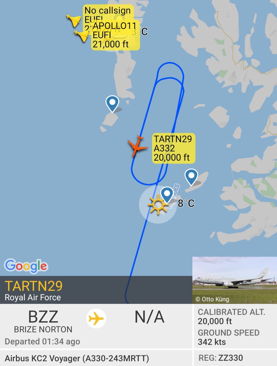 BloodyPolitics's tweet photo. 🇬🇧 RAF KC2 Voyager #TARTN29 reg #ZZ330 from Brize Norton tanking ⛽ two Eurofighter Typhoons off the Western Isles of Scotland.
#APOLLO11 Typhoon #ZK433
No callsign Typhoon #ZK375
#AvGeek
https://t.co/50PqFYQfoc https://t.co/j4zhdJhlBH