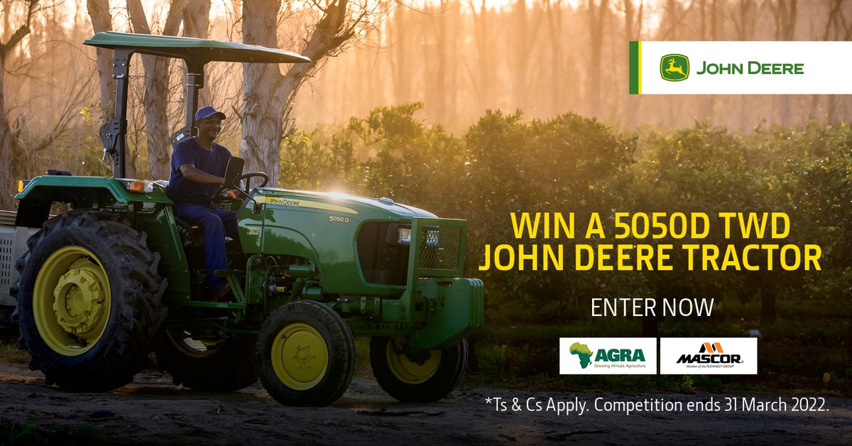 AGRA_Africa's tweet photo. Enter the #JohnDeereAGRACompetition NOW to stand a chance to WIN a 5050D TWD John Deere Tractor with @JohnDeereAME #AGRA and #Mascor! https://t.co/5iNnU4bbJq
