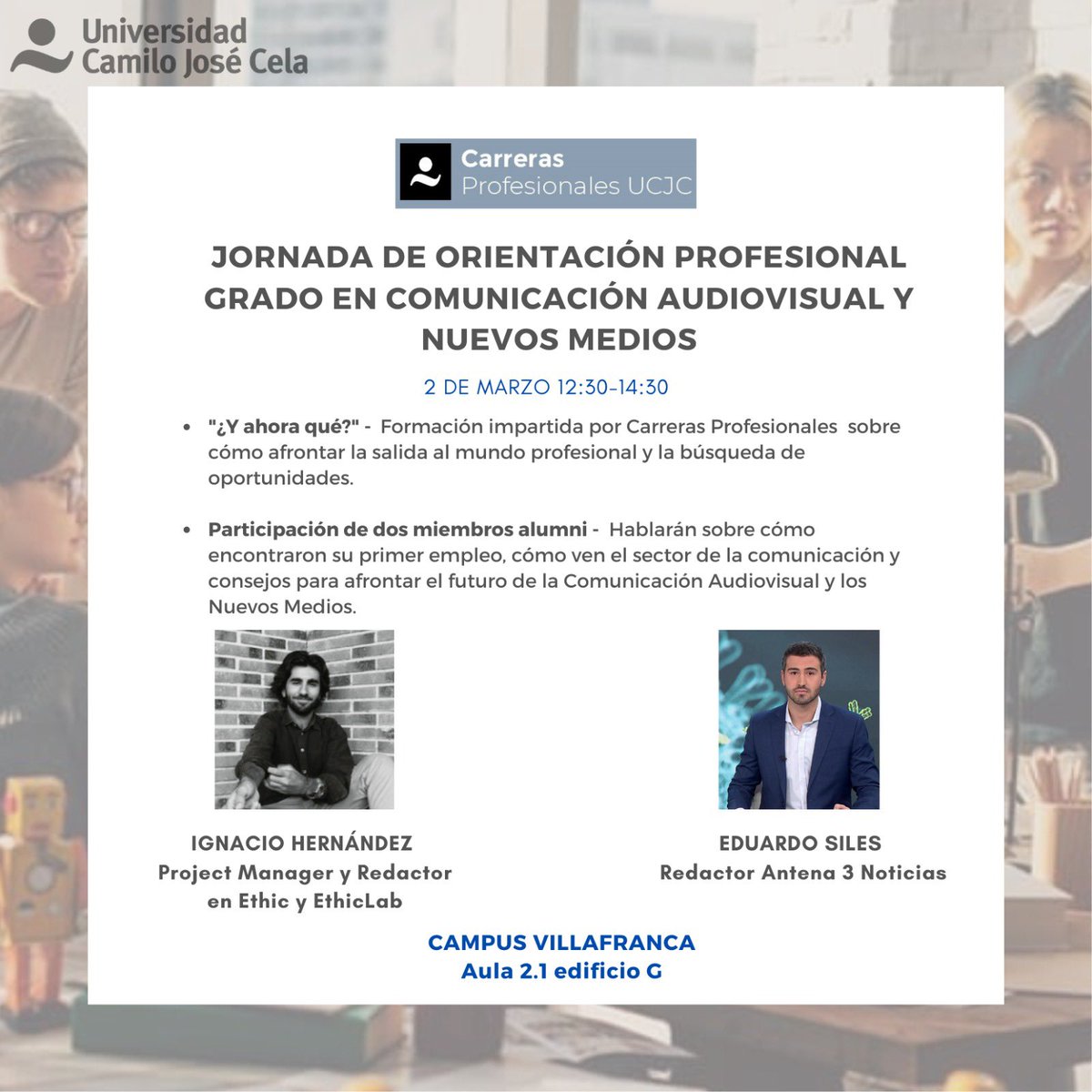 Alumnos_CAV's tweet photo. El centro de @carrerasp_ucjc organiza una formación para los alumnos del Grado en #ComunicaciónAudiovisual y #NuevosMedios sobre cómo afrontar la salida al mundo profesional. Participarán los @alumniucjc, Ignacio Hernández y @Eduardo_Siles_ 
🗓️ 2/03/2022
🕓 12:30 h. 
📍 Aula 2.1G https://t.co/Y6lTuyxZCA