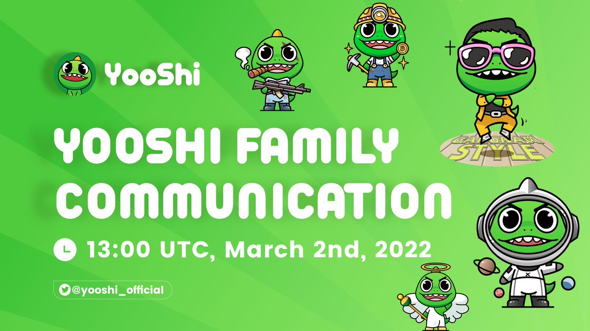 #YooShifamily, we sincerely invite you to join #YOOSHI Family Communication on March 2nd.

We will pick some questions commented under our tweets and shared in the group to answer.

📍 t.me/yooshi_official
⏰13:00 UTC, March 2nd 

🦖See You Here!