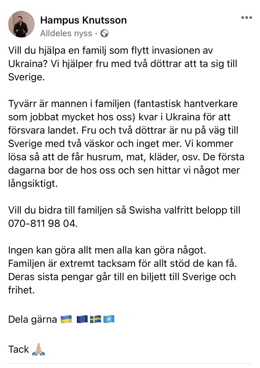 Hjälp krigens offer. Hjälp en familj. Ge ett bidrag om du vill och kan. Dela är det minsta du kan göra för frihet, trygghet och demokrati🇺🇦🇸🇪💙🇪🇺