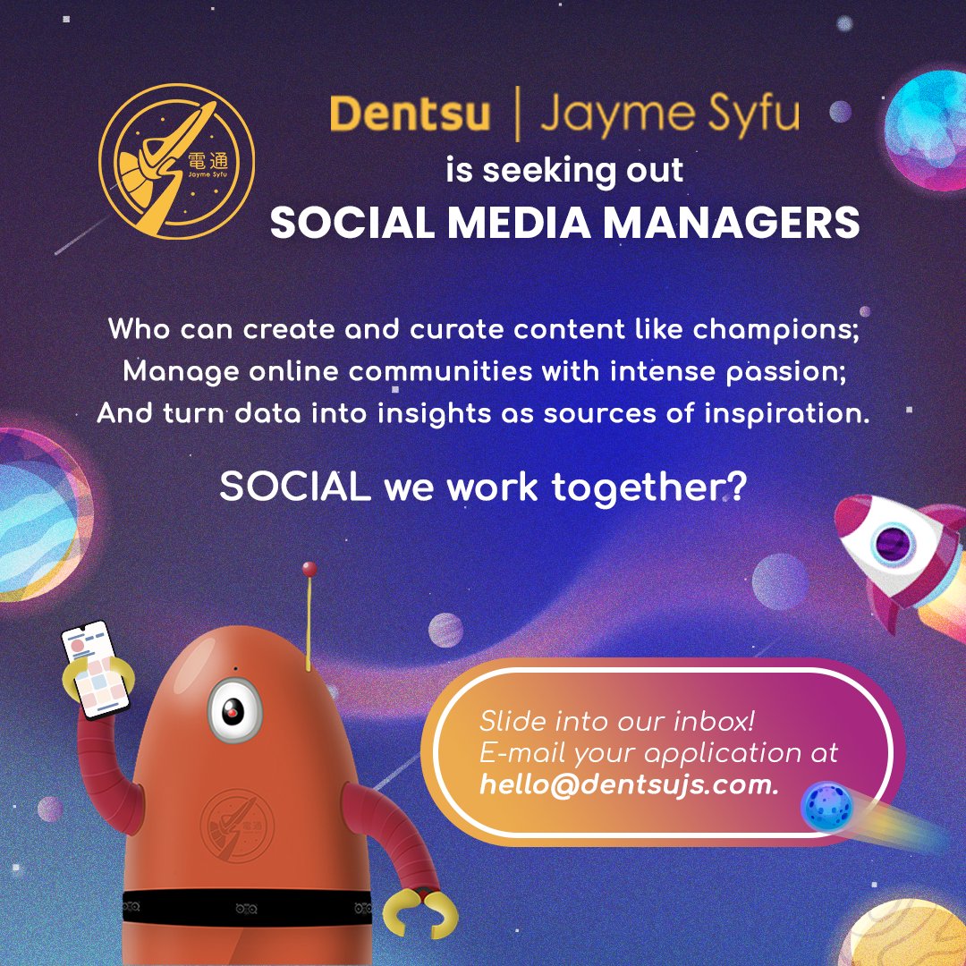 DC_Philippines's tweet photo. We’re on the lookout for Social Media Managers to join our team! Connect with us today and send your application at hello@dentsujs.com. #MayOpeningBaDiyan https://t.co/QQcQ6SNGLJ