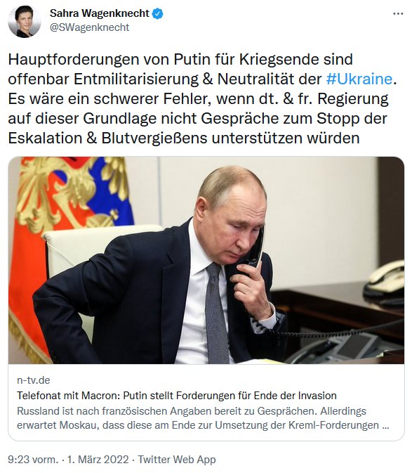 Wenn der Bundespräsidentschaftskandidat für die AfD fast zeitgleich und fast wörtlich das Gleiche zu #Putin und dem #UkraineKrieg schreibt wie Sahra #Wagenknecht...