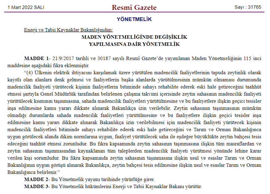Zeytinlik alanlar yapılan bir yönetmelik değişikliğiyle madencilik yatırımlarına açıldı bugün. Sadece yıkım ve talan getirecek bir yasa değişikliği bu. #ZeytinAğaçlarınaDokunma