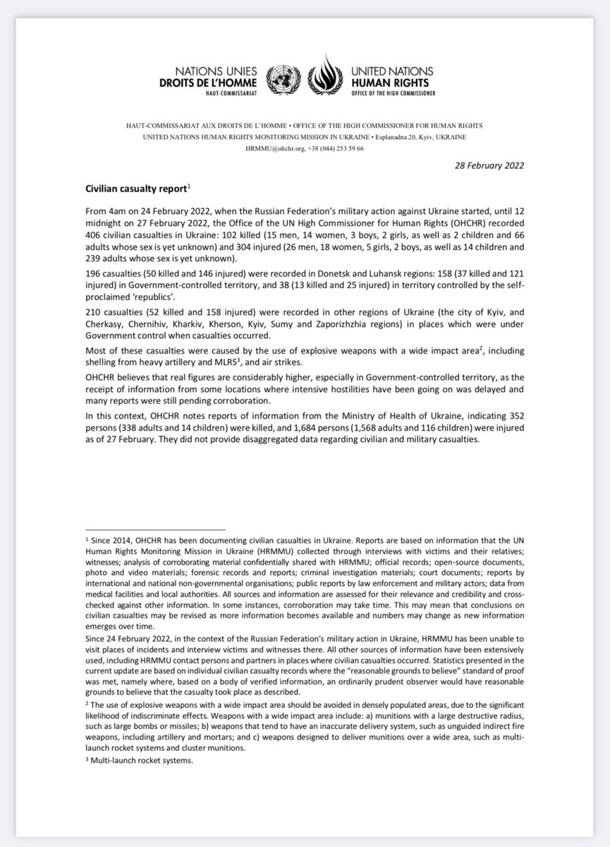 From 4am on 2/24, when Russia’s invasion began, until midnight on 2/27, Office of UN High Commissioner for Human Rights recorded 406 civilian casualties in Ukraine: 102 killed and 304 injured. But real numbers likely much higher. Most caused by heavy artillery, MLRS, air strikes.