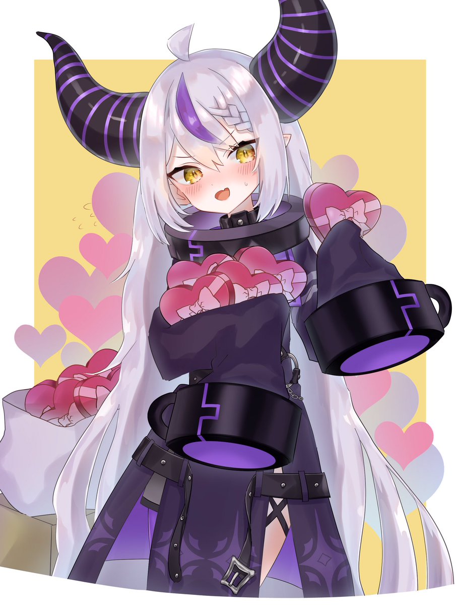 la+ darknesss 1girl horns solo long hair blush yellow eyes sleeves past wrists  illustration images