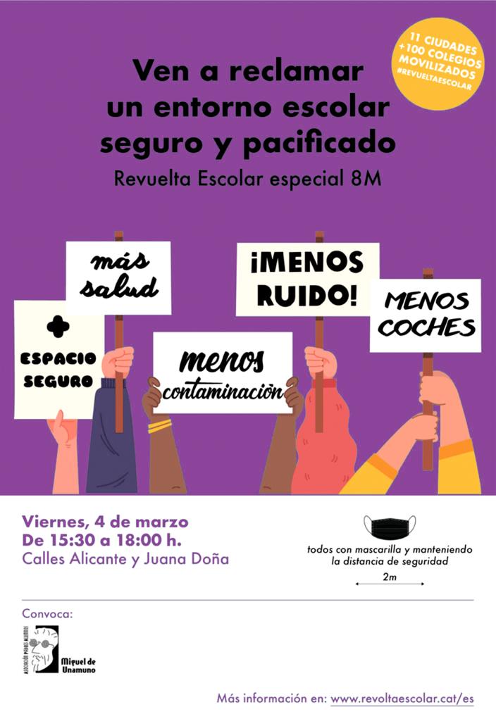 afaunamuno's tweet photo. Este viernes... ¡La Revuelta Escolar se viste de morado! Te esperamos el 4M para celebrar el 8M en las calles del cole. 💜 Música, pinturas, cuentos, juegos... Ven a reclamar un entorno escolar seguro y pacificado en familia. ¡Sumate a la #RevueltaEscolar! 🚲🌈🌳 @RevueltaEscolar https://t.co/mUwpAIbYu9