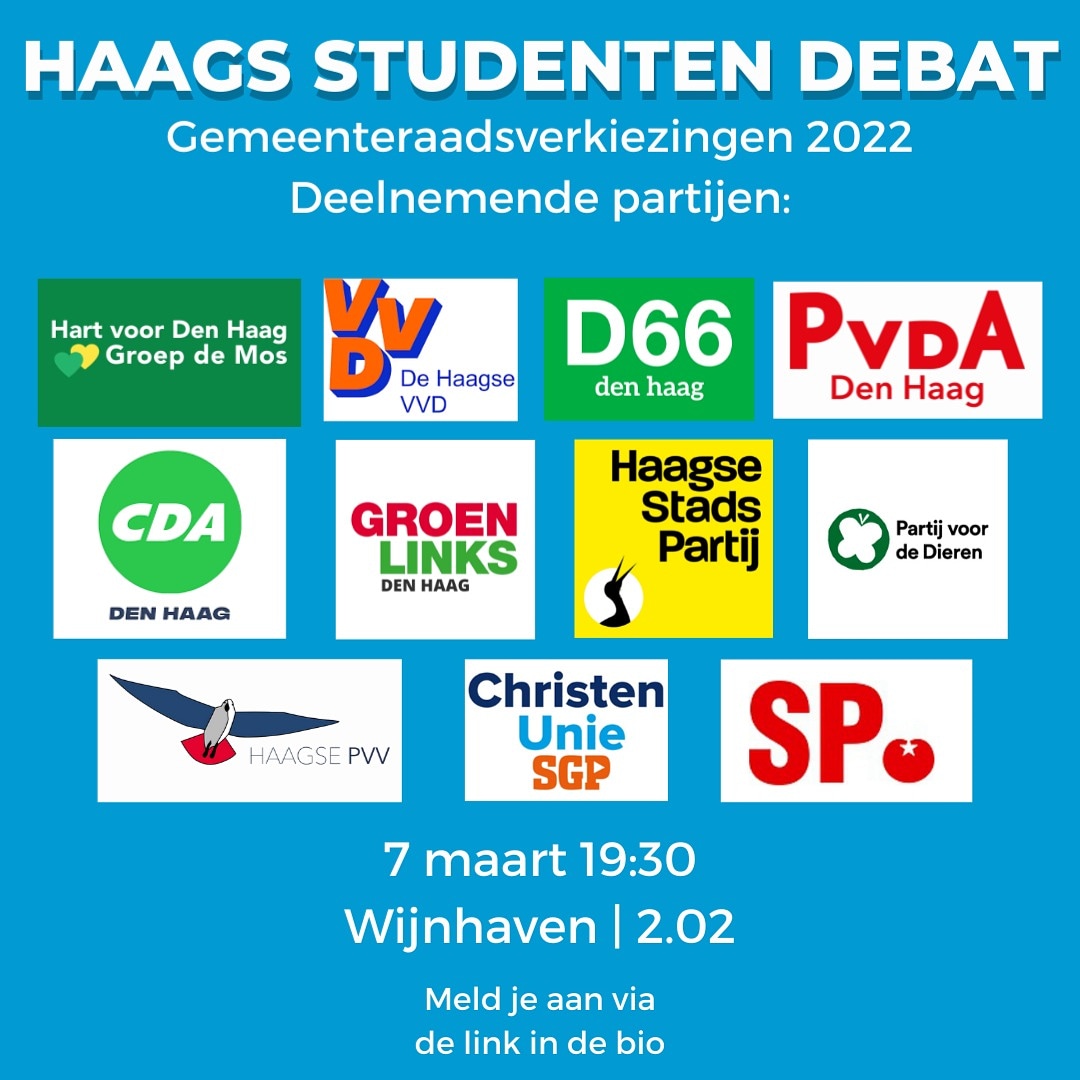 Op 7 februari organiseren we het Haags studentendebat. De partijen zullen met elkaar in debat gaan over stellingen die belangrijk zijn voor studenten. Iedereen is welkom. Inschrijven kan via de volgende link: forms.gle/cTMQuK8zpUNszi…