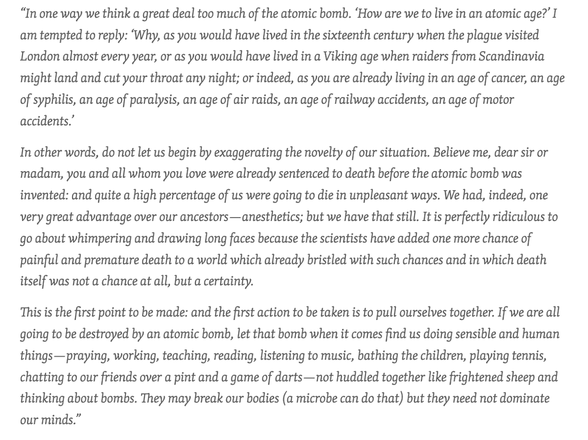 no_grave_'s tweet photo. C.S. Lewis strikes again. Not saying we should ignore or not prepare for these threats - but we must not cower. Continue our life's work, raise our families, love our neighbors, create beauty. https://t.co/q1a0TxKAyC