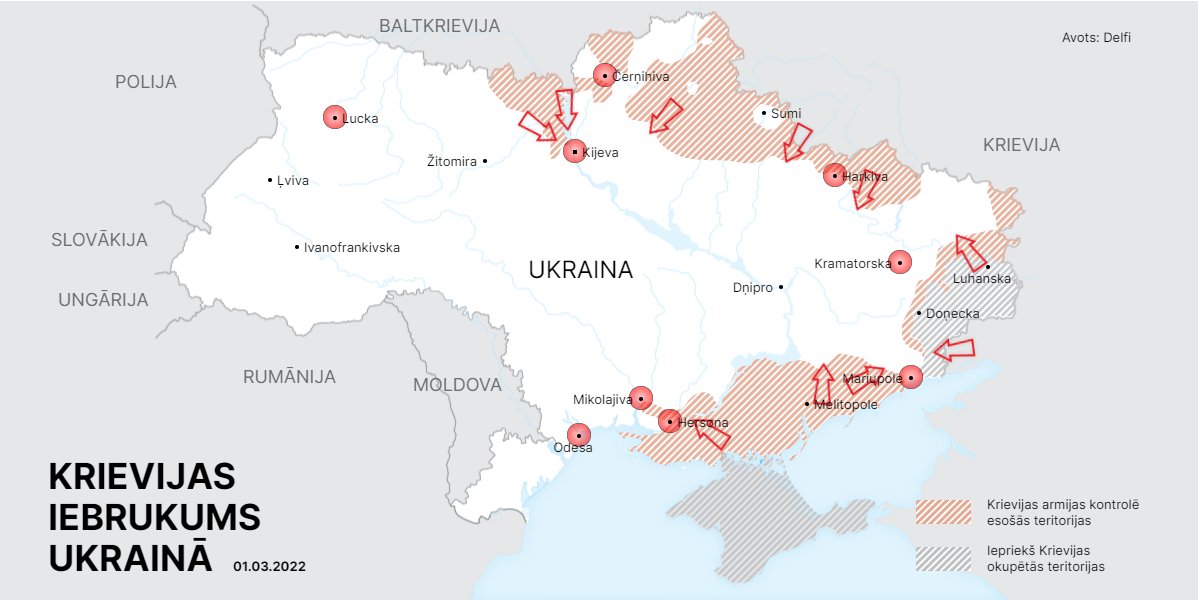 🇺🇦🇷🇺 DELFI sagatavota karte, kurā redzamas Krievijas armijas aptuveni ieņemtās teritorijās saskaņā ar Ukrainas sniegto informāciju. Vērā ņemti aktuāli dati uz 1. martu.

Teksta tiešraide: delfi.lv/news/arzemes/a…