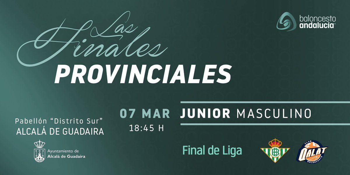 #FINALJuniorMasculina
Real Betis Baloncesto y Club Baloncesto Qalat, se juegan el Campeonato de Liga Junior Masculino
🏟️Pabellón Distrito Sus <a href="/aytoguadaira/">Alcalá de Guadaíra</a> 
🗓️ 07/03/2022
⌚️ 18:45 horas
🌟 <a href="/RealBetisBasket/">Real Betis Baloncesto</a>  🆚 <a href="/CBQalat/">Club Baloncesto Qalat</a>