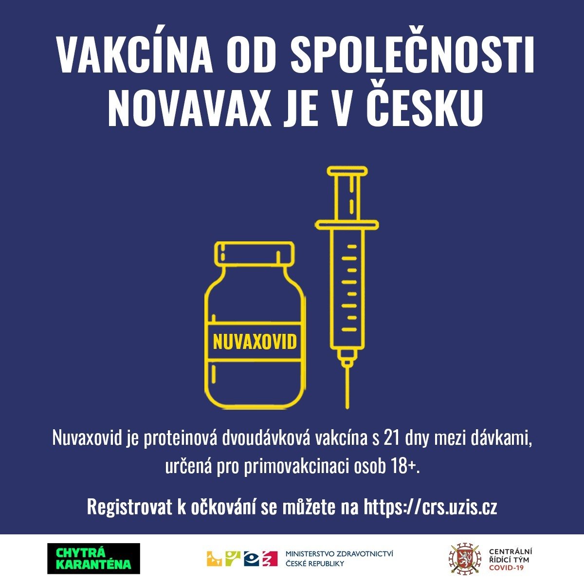 V České republice se od dnešního dne očkuje vakcínou od společnosti Novavax!

Registrovat se můžete zde: crs.uzis.cz

Více informací o očkovací látce naleznete na stránce Státního ústavu pro kontrolu léčiv zde: sukl.cz/nuvaxovid-otaz…