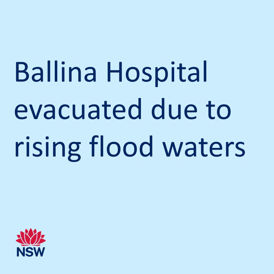 Ballina Hospital is being evacuated due to rising flood waters.

The evacuation is taking place as a precaution to protect the health and safety of patients and staff. Patients are being temporarily relocated to Xavier Catholic College through <a href="/NSWAmbulance/">NSW Ambulance</a> and <a href="/NSWSES/">NSW SES</a>.