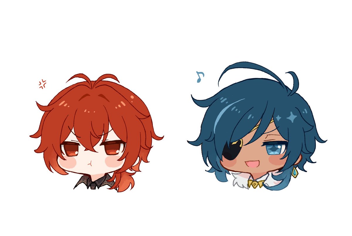 diluc (genshin impact) ,kaeya (genshin impact) 2boys multiple boys red hair eyepatch closed eyes male focus blue hair  illustration images