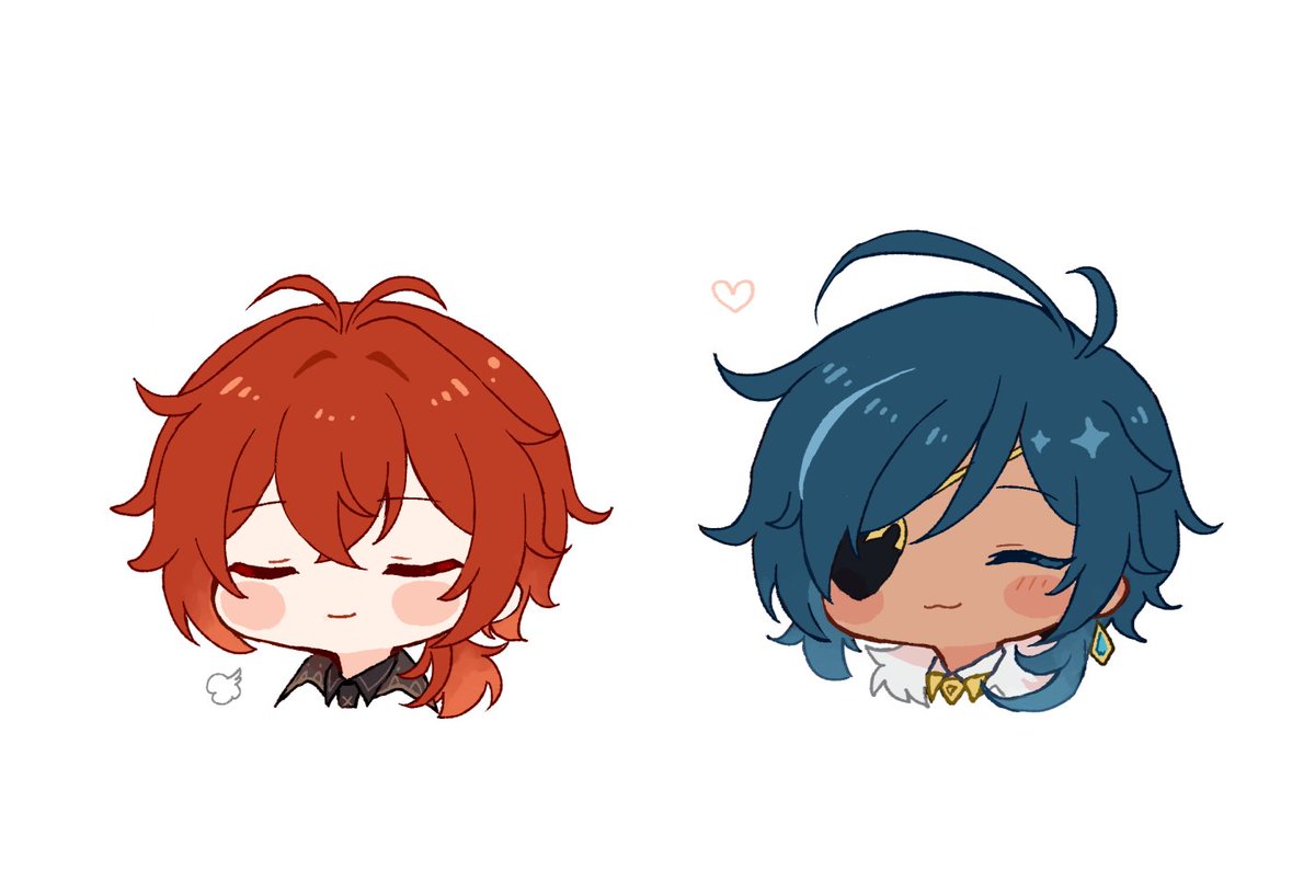 diluc (genshin impact) ,kaeya (genshin impact) 2boys multiple boys red hair eyepatch closed eyes male focus blue hair  illustration images