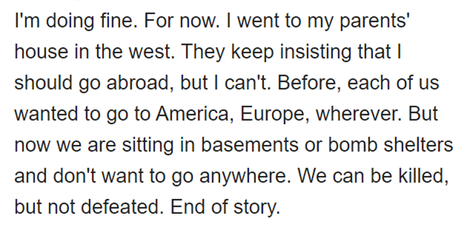 Heard from the lady whose flat we rented in Kyiv a few years ago. So hard to comprehend the fear &amp; bravery in Ukraine right now. Or how we've allowed the psychopathic actions of one of the nastiest of narcissists &amp; the most corrupt of regimes to destroy so many lives. #PutinsWar