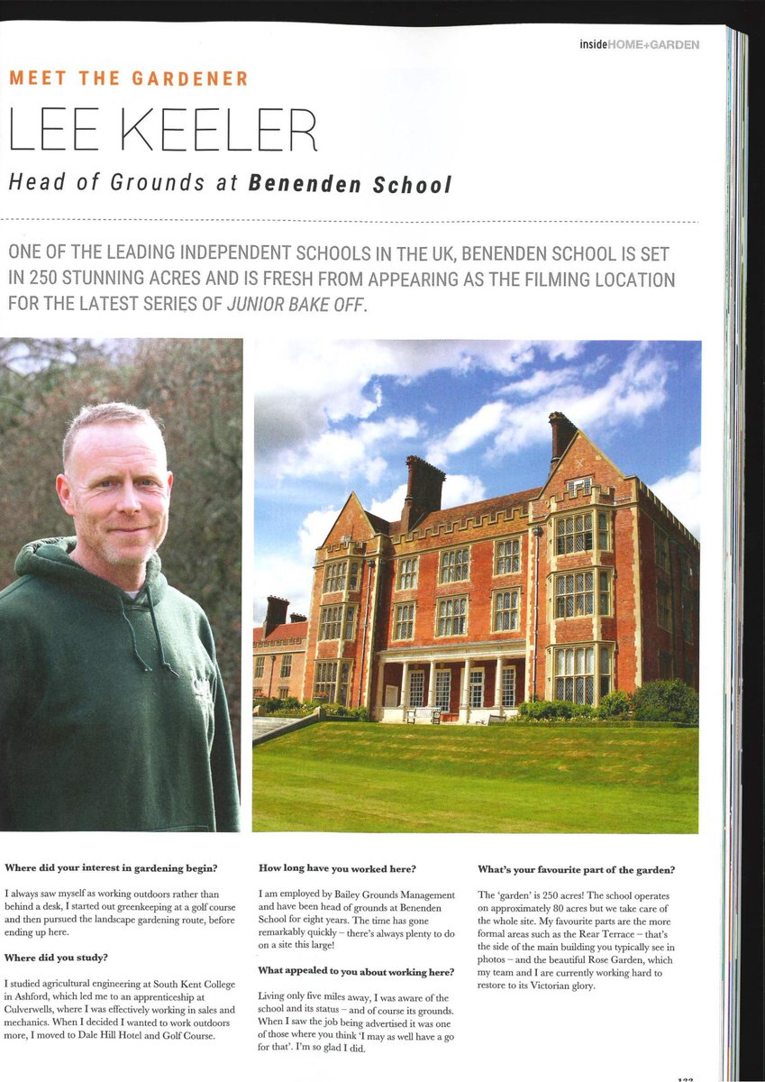 The School was pleased to see a familiar face in a recent issue of <a href="/insideKENT/">insideKENT</a>, which features an interview with Head of Grounds, Lee Keller. 

Managing all 250 acres of Benenden is no mean feat, and it is great to see Lee receive some well-deserved recognition for his efforts.