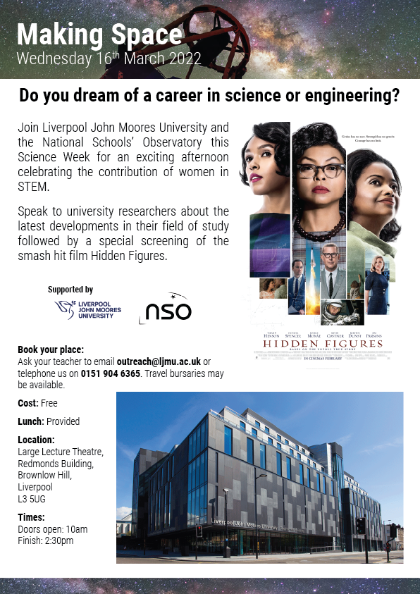 This March, in celebratation of British Science Week #LJMUOutreach and @SchoolsObs bring you 'Making Space' an inspiring event focusing on the impact of women in science. Email Outreach@ljmu.ac.uk to find out more #Year9-11 #astronomy #nso @scienceweekuk