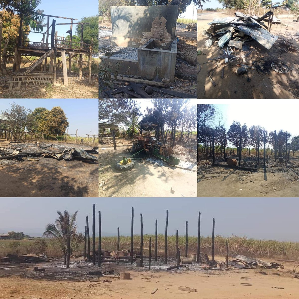 Warning // Buildings destroyed by fire 🟥

In Sagaing's Hteechaing Twp, Inndaung Vlg: #MyanmarMilitaryTerrorists burnt down 5 houses and looted/stole people's properties on Feb 27, for no reasons.

#2022Mar1Coup #WarCrimesOfJunta #WhatsHappeningInMyanmar