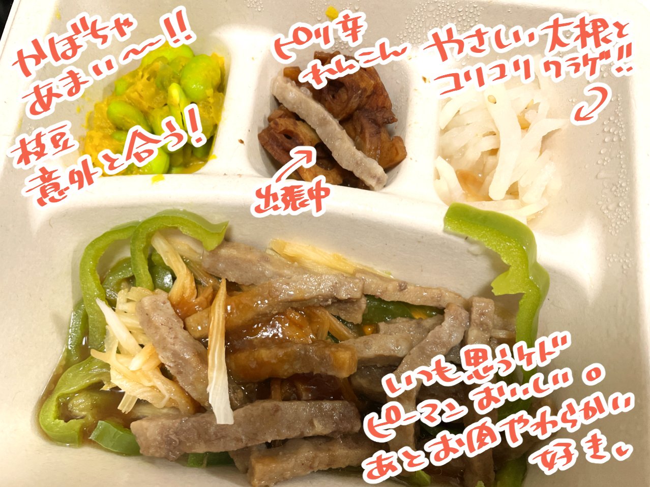 灰葉 Haiba Lapin 喉治ったら配信す 今日の Nosh メモ チンジャオロースー かぼちゃと枝豆のコラボは私の中で新鮮だった チンジャオロースーのお肉が柔らかくて優しい味 Noshはピーマンが好きになるメニューが多いね T
