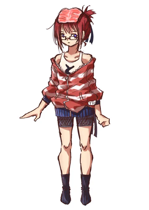 自分のオリキャラ欲しいなと思ってなんとなく描いたキャラデザ名前的にトロを頭に乗せようとしたけどエビの方が好きなので気づいたらエビになってました。 