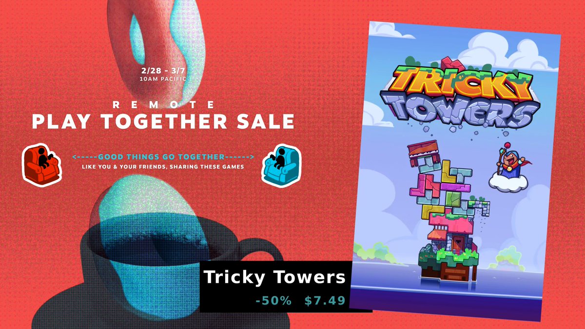 WeirdBeardGames's tweet photo. 🧱 Let's build some towers together🧱
Tricky Towers is part of the Remote Play Together Sale on Steam!
It provides a lot of different ways to enjoy the game with your friends
Steam Store🔗: https://t.co/aH62BpwpB8
#TrickyTowers #RemotePlayTogetherSale #SteamDeals #indiegame https://t.co/Ss6Ir4hyJ7