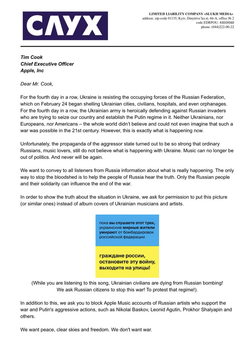 FedorovMykhailo's tweet image. Joint forces of Ukrainian music industry, @mintsyfra and Slukh media appeal to the @AppleMusic and @Spotify leadership. We ask you to allow our artists change their album covers to draw the attention to the bloody war in Ukraine. Let us engage more Russian sane people!