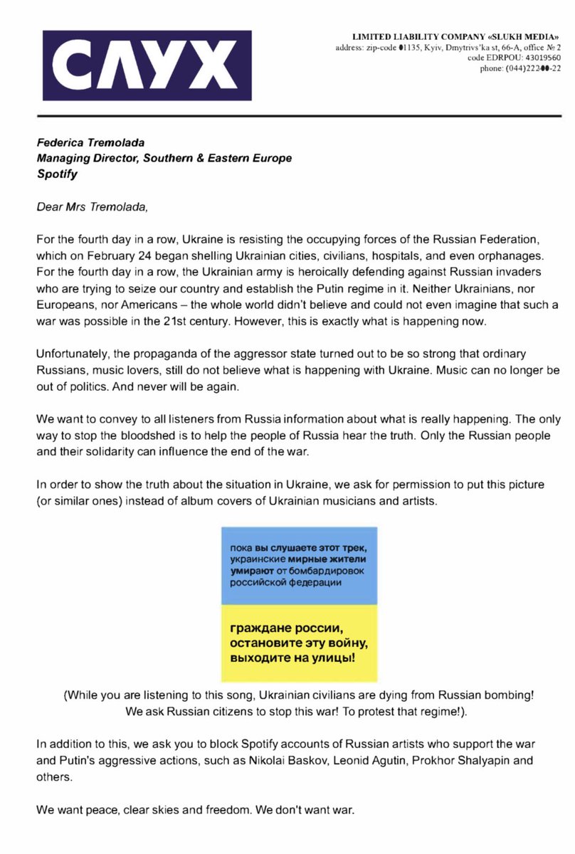 FedorovMykhailo's tweet image. Joint forces of Ukrainian music industry, @mintsyfra and Slukh media appeal to the @AppleMusic and @Spotify leadership. We ask you to allow our artists change their album covers to draw the attention to the bloody war in Ukraine. Let us engage more Russian sane people!