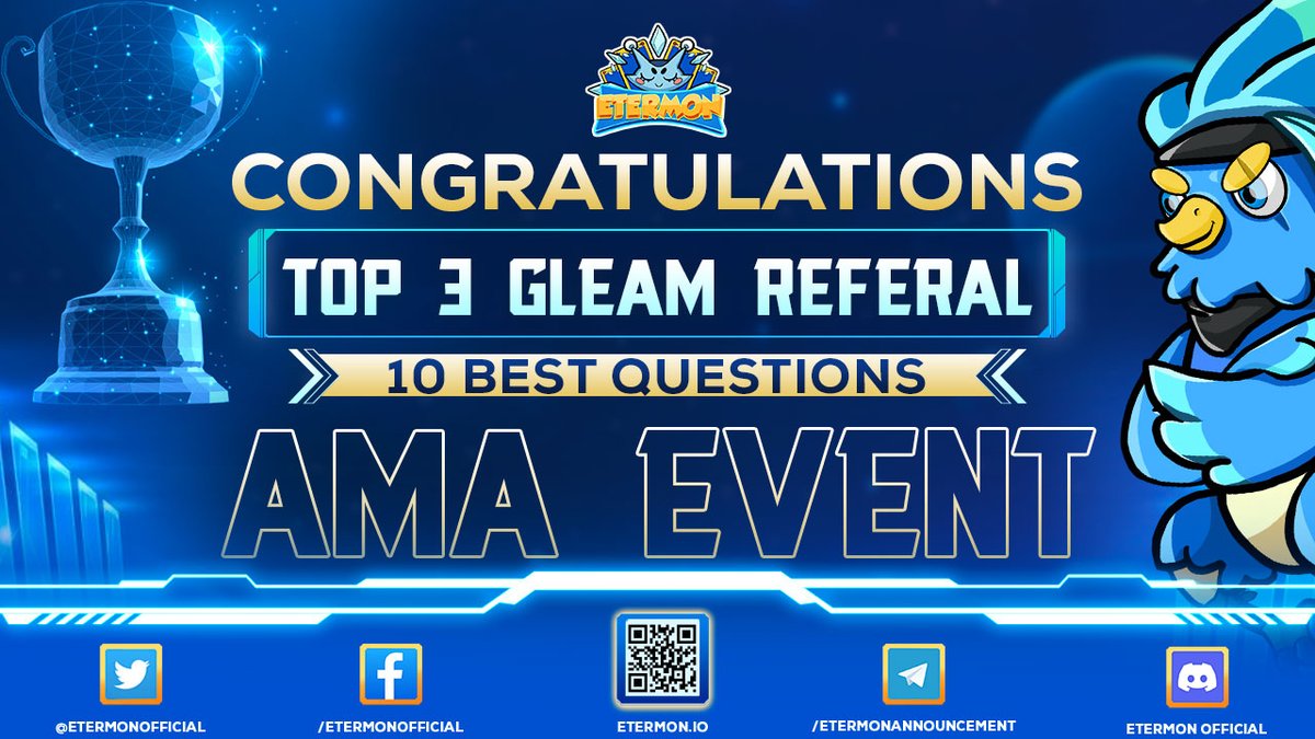 EtermonOfficial's tweet photo. 10 BEST QUÉTIONS AND 3 TOP REFERRALS IN GLOBAL AMA
 ✅ Recap Top 10 Best questions and answers: https://t.co/kCO9WEAynt
  3 Top Referrals: 
      - Top 1: Pedro Osneider Parada Valecillo  - 100 USDT
      - Top 2: Lieu Oanh Dinh - 80 USDT
      - Top 3: Diep the cuong - 60 USDT https://t.co/ZPcKZXQbRB