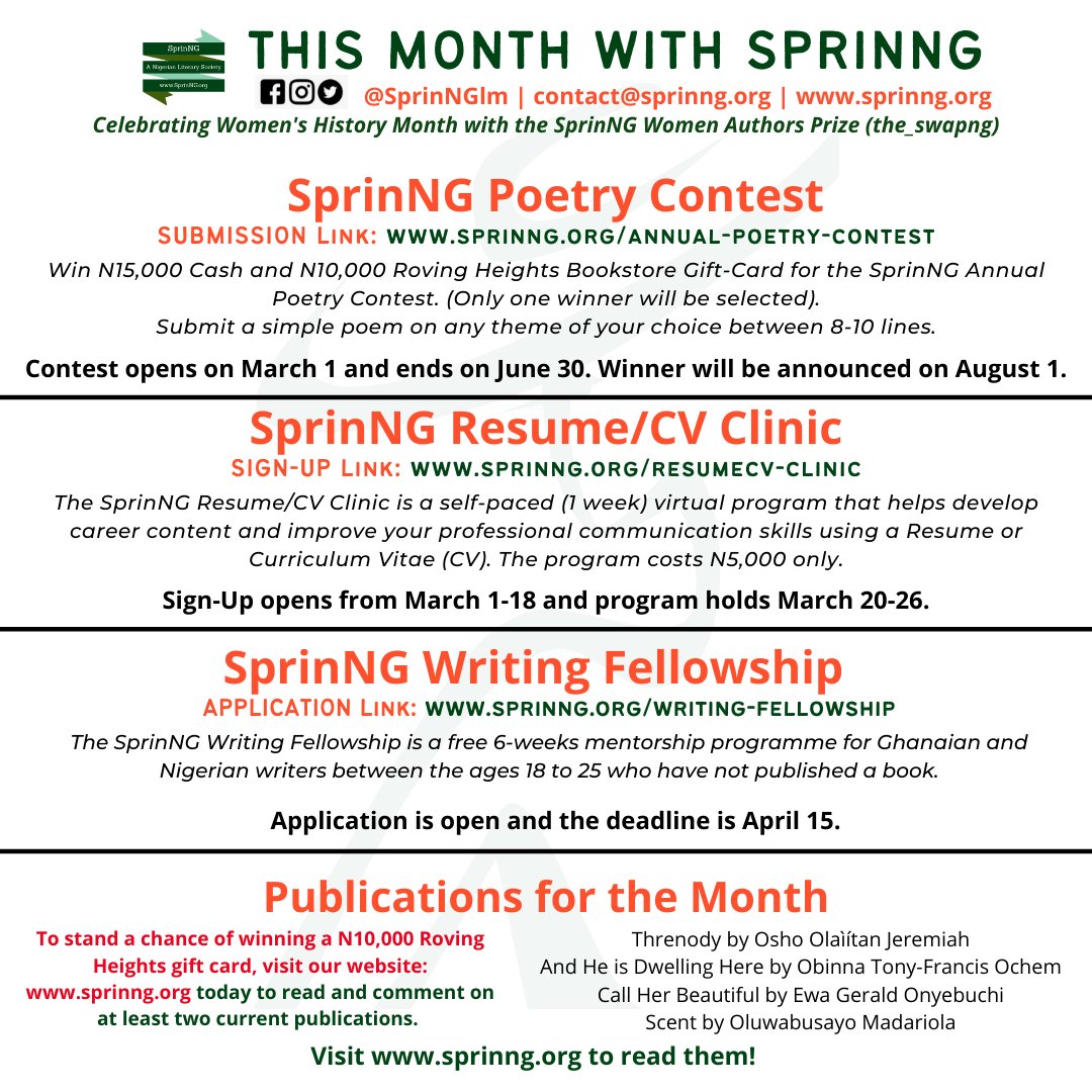 SprinngLM's tweet photo. We have a lot in store for you this month! 😁
Visit https://t.co/3aJRk7Todr and apply for something that you qualify for. Tag a writer-friend to see this!

#giveaway #poetrycontest #Rovingheightsbookstore #Resume #CV #Curriculumvitae #Fellowship https://t.co/bHLJHY2njG