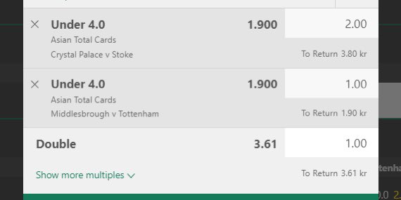 The lines are too high for cup games. In cup competitions, the teams cover the line (max 4 cards) in:

Palace: 10/10 latest
Stoke: 9/10 latest
Jones: 31 of 33 all-time

Boro: 9/10 latest
Spurs: 9/10 latest
England: 28 of 32 all-time

2u Stoke @ 1.9
1u Boro @ 1.9
1u double @ 3.61 https://t.co/VeTAVFW6Vx