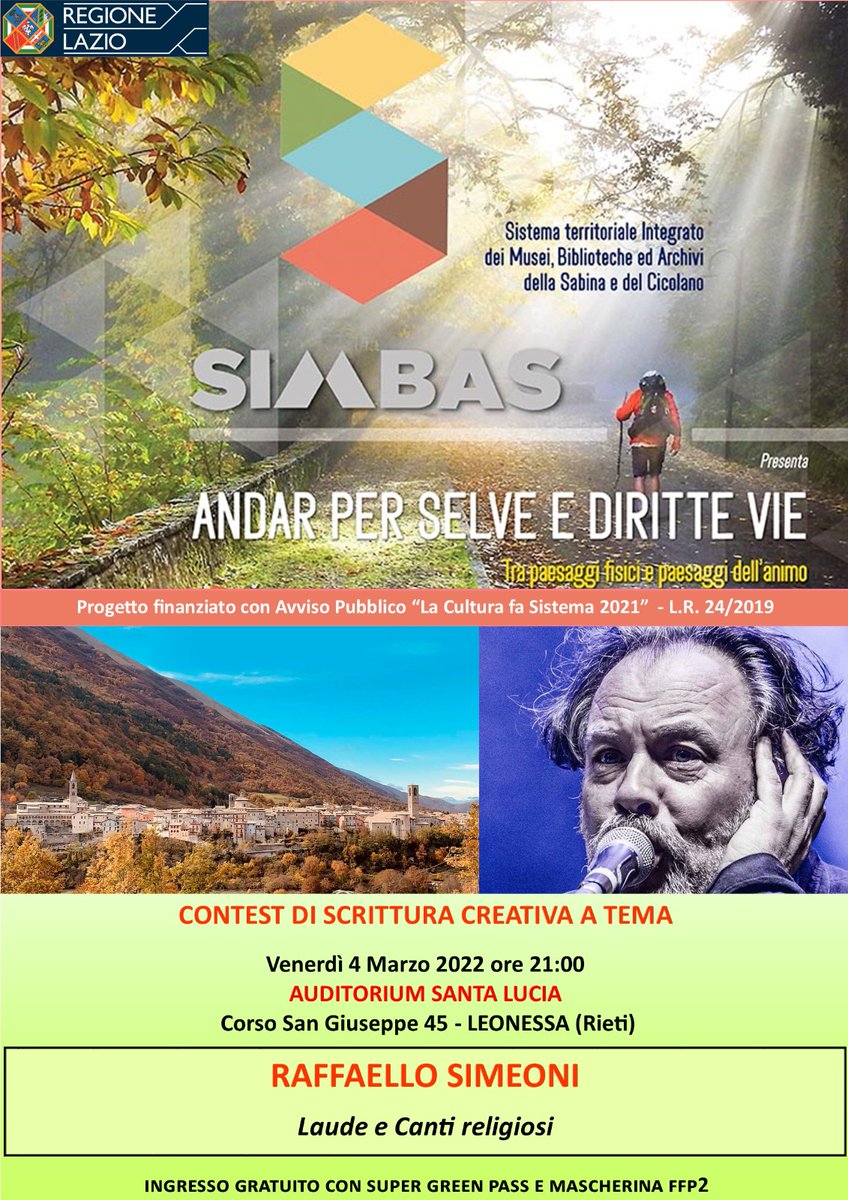 Avevamo promesso che avremmo recuperato la data di Leonessa e così sarà!
Raffaello Simeoni ci accompagnerà nel bellissimo viaggio tra le Laude e i Canti religiosi venerdì 4 marzo alle ore 21!
L'ingresso è gratuito, con Super Greenpass e mascherina FFP2, e ne vale la pena!