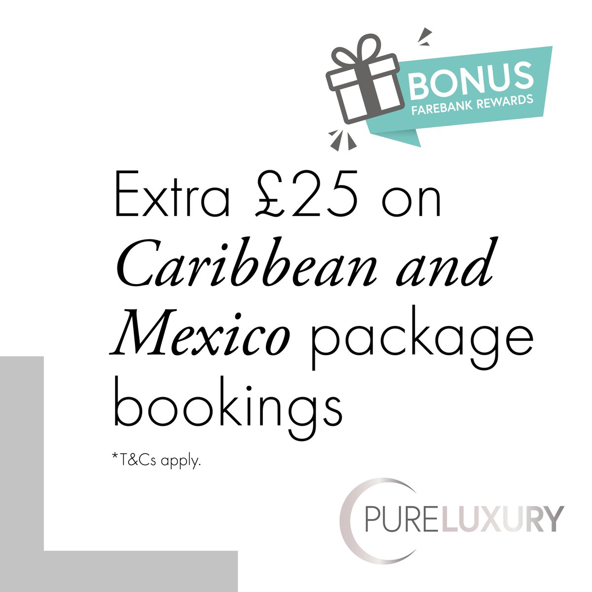 BONUS Farebank Rewards on Caribbean and Mexico package bookings made with Pure Luxury in March 

Find out more 👉 bit.ly/3C3RzeK