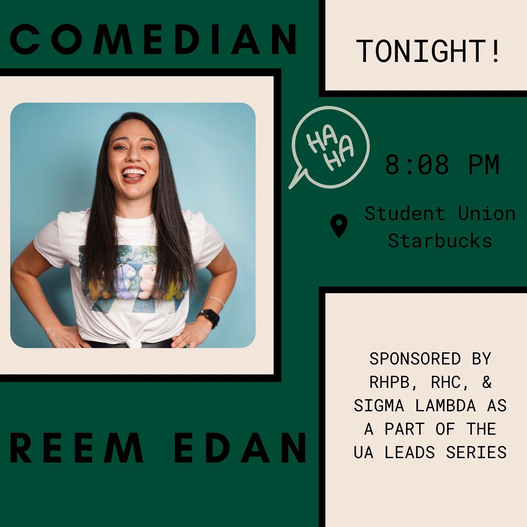 uaRHPB's tweet photo. Tonight 8:08 PM!! Come to the Student Union Starbucks for some guaranteed laughs! Again, 8:08 PM, a different start time than normal! https://t.co/WB6wQlo90Q