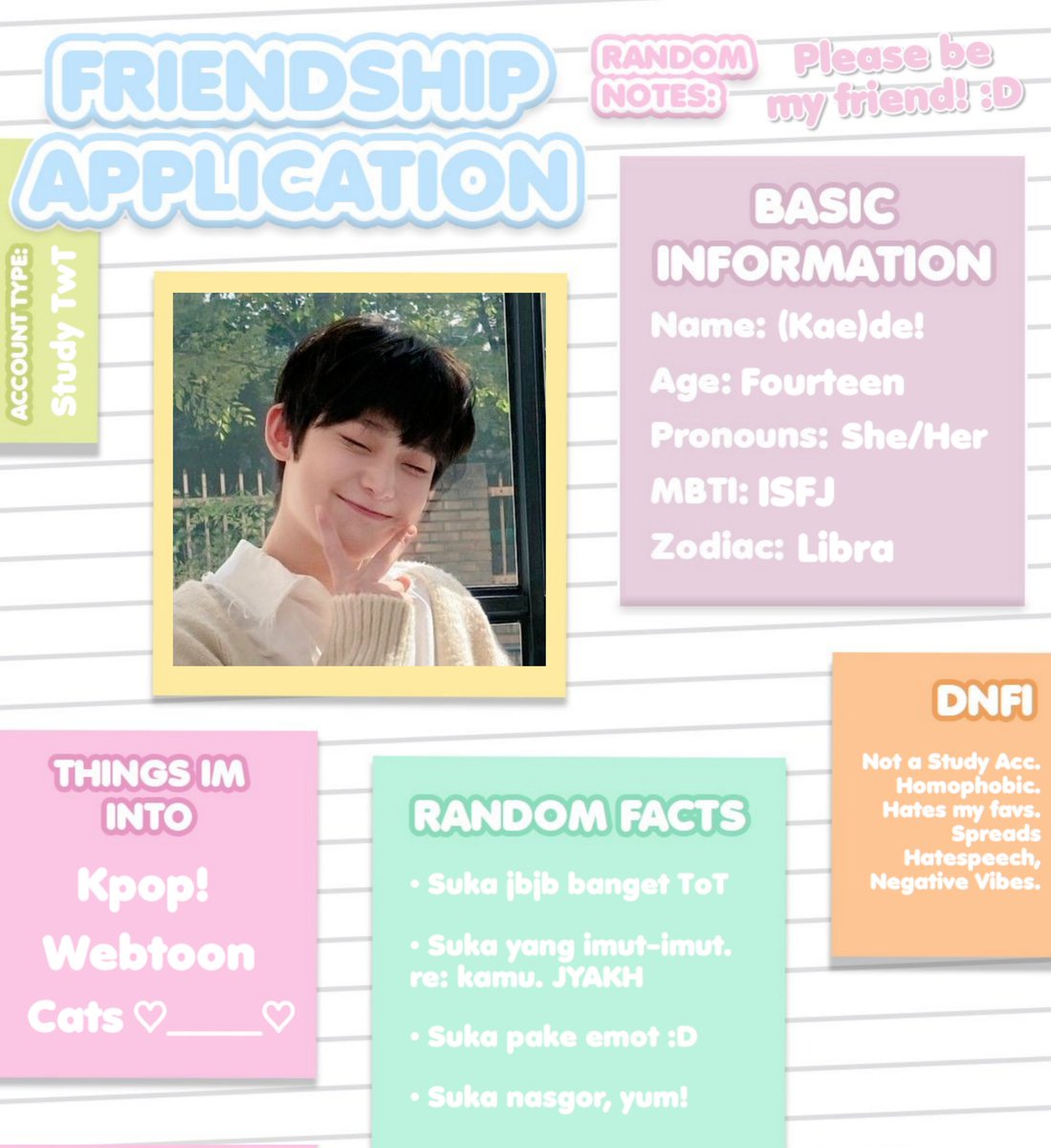 fuwajournal's tweet image. HELLLOOOO!!!! aku baru aktif lagi di akun belajar ini untuk lebih semangat mencapai tujuan aku hehe. siapa mau berteman 🙋🏻‍♀️🙋🏻‍♀️🙋🏻‍♀️🙋🏻‍♀️

⠀&amp;gt;____&amp;lt; tentang aku:
⠀ ⌗ panggil aku kae!
 ⠀⌗ she/her
 ⠀⌗ 9th grade
 ⠀⌗ 07z 
⠀ ⠀
♡/↺ untuk berteman :D
#ambisverse #studytwt #studyacc