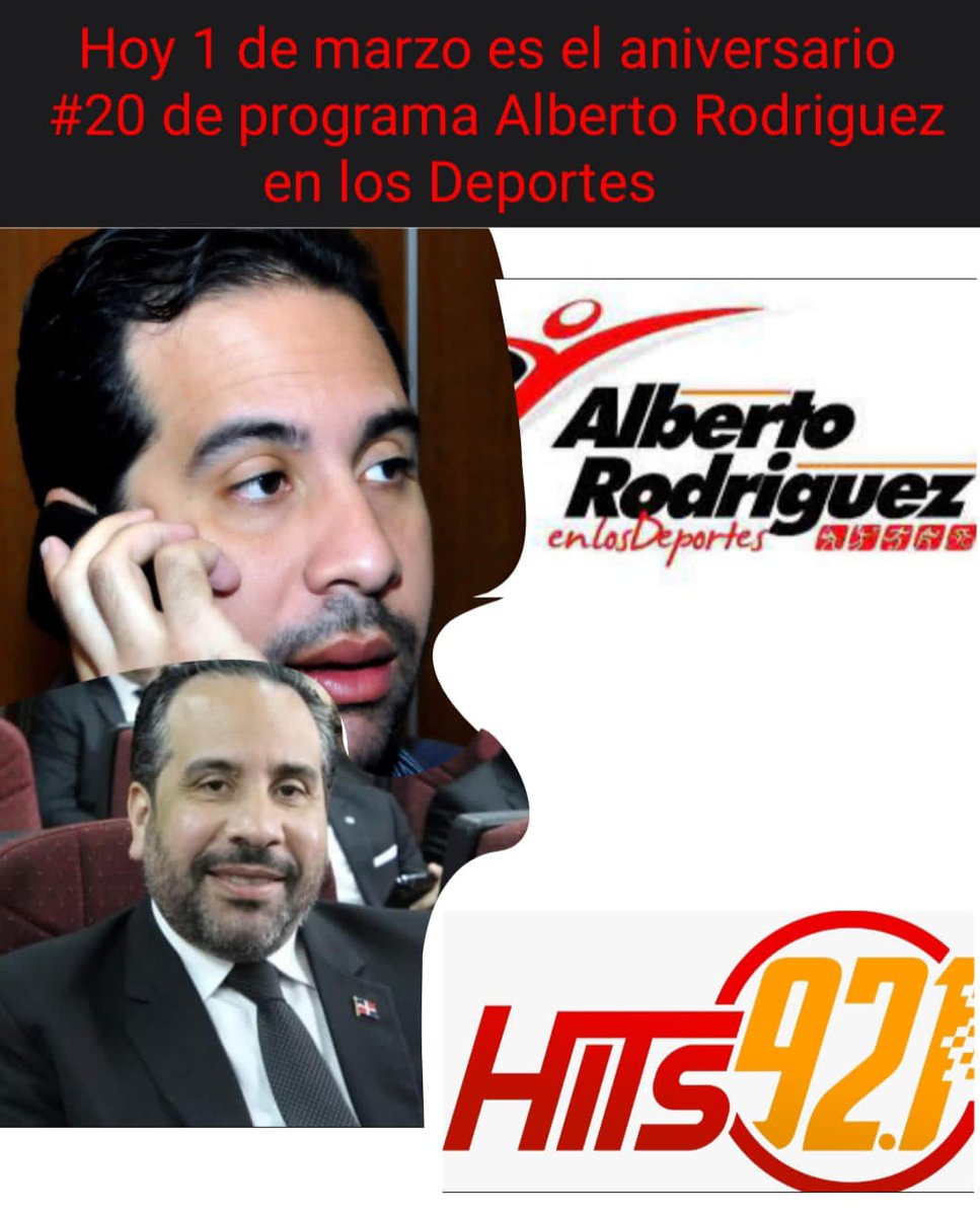 Felicidades <a href="/ARenLosDeportes/">Alberto Rodríguez Mella</a> y a todos los colegas que han sido parte del programa en estos 20 años de Alberto Rodríguez en los Deportes. <a href="/Hits92RD/">Hits92.1 FM</a>

¡Muchas bendiciones!