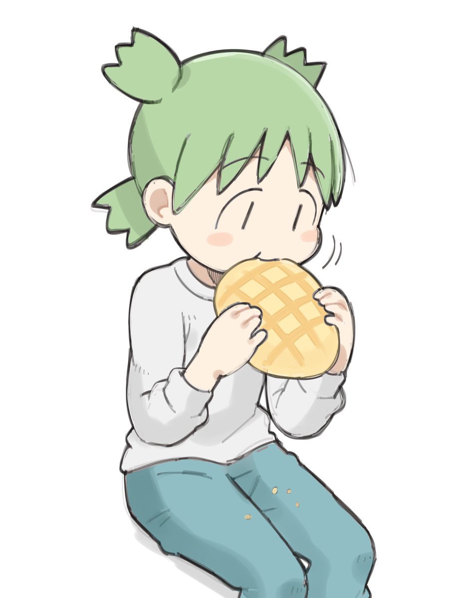 1girl food solo quad tails green hair bread eating  illustration images