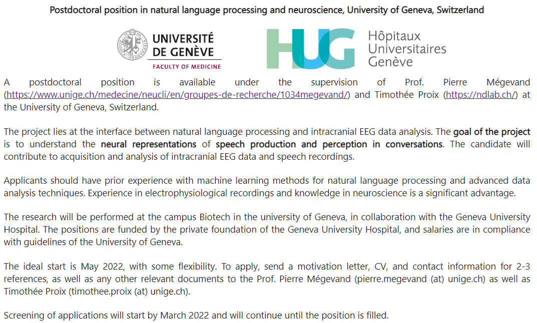 Pierre Mégevand (@pierre_vanmedge) on Twitter photo Come work with us at <a href="/unige_en/">UNIGE_en</a> @Hopitaux_unige ! We <a href="/LabNeuron/">Human Neuron Lab</a> <a href="/NeuDyLab/">Neural Dynamics Lab</a> are opening a Postdoc position in natural language processing. See the attached image for details. Come work with us at <a href="/unige_en/">UNIGE_en</a> @Hopitaux_unige ! We <a href="/LabNeuron/">Human Neuron Lab</a> <a href="/NeuDyLab/">Neural Dynamics Lab</a> are opening a Postdoc position in natural language processing. See the attached image for details.