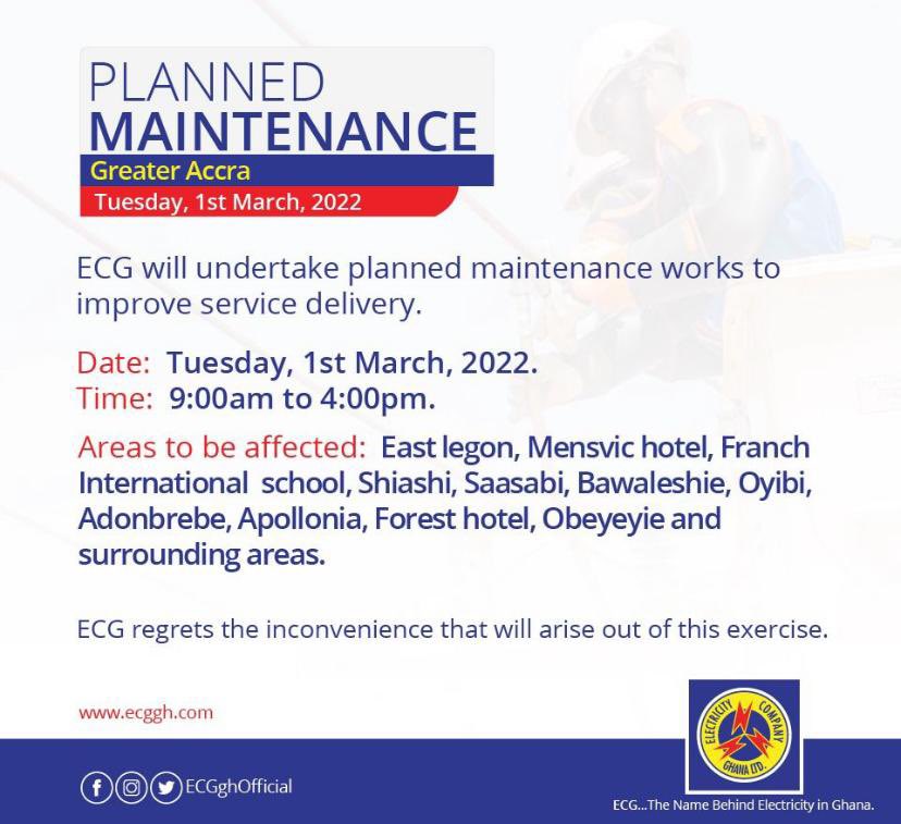 bainamedia's tweet photo. The Electricity Company of Ghana (ECG) has announced a planned maintenance works today, Tuesday, 1st March 2022 from 9:00am to 4:00pm.

#bainanews
#bainatv
#connectedtoyourworld https://t.co/0aLXVQh5Uk