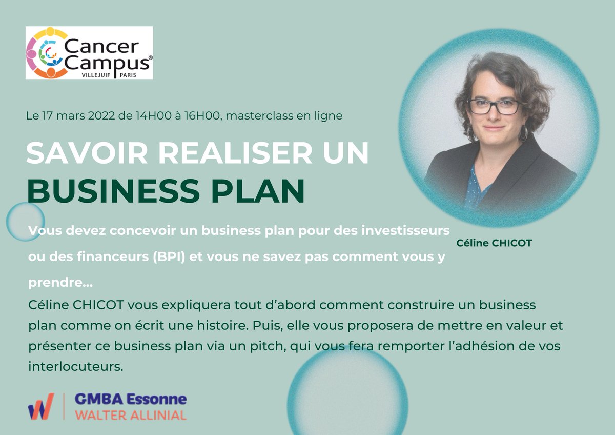 📣SAVE THE DATE

Le 17 mars 2022 de 14H à 16H, Cancer Campus en collaboration avec le cabinet GMBA Essonne, vous propose une masterclass sur le Business Plan.

N'hésitez pas à vous inscrire à cet évènement gratuit, via ce lien : ow.ly/NBrY50I6LXm