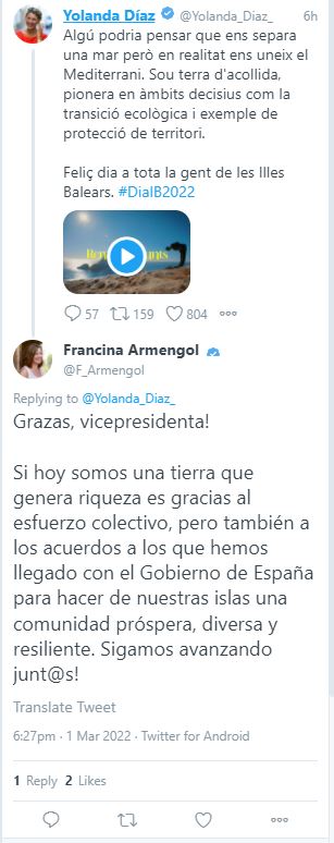 eloibelles's tweet photo. Presidenta @F_Armengol, per què li responeu en castellà, si us ha felicitat en català? Aquesta actitud és mortal per a la llengua, i vós hauríeu de ser la primera de donar exemple. https://t.co/Iqwgyr7VkN