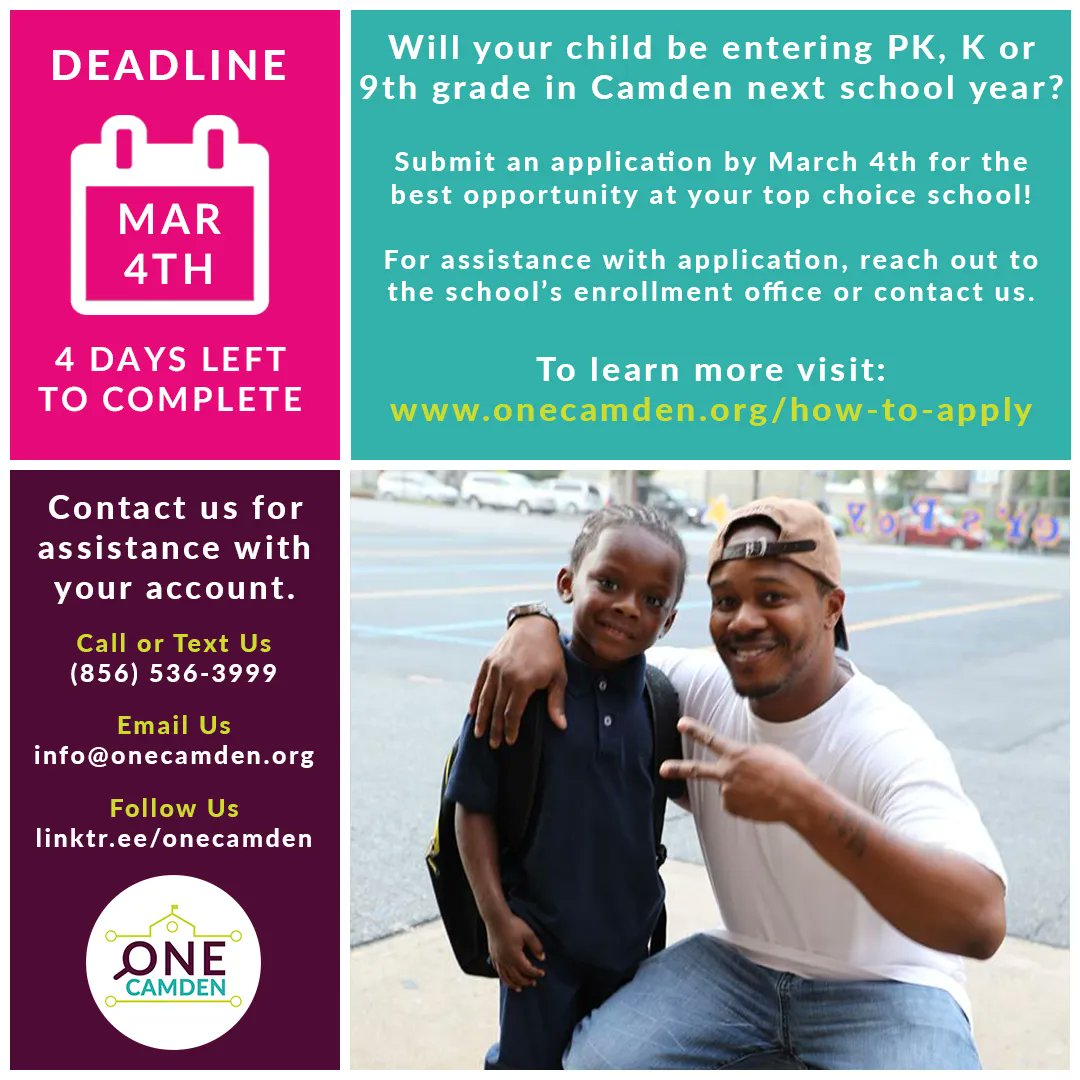one_camden's tweet photo. Parents with students entering grades PK, K and 9th in the SY 2022-23 can apply now through Mar 4th! 

4 DAYS LEFT TO COMPLETE!

Visit: https://t.co/FcVqDD3bIU

For support, contact the school or feel free to contact us.

Call/Text: 856-536-3999
Email: info@onecamden.org https://t.co/YZDzHRL8nq
