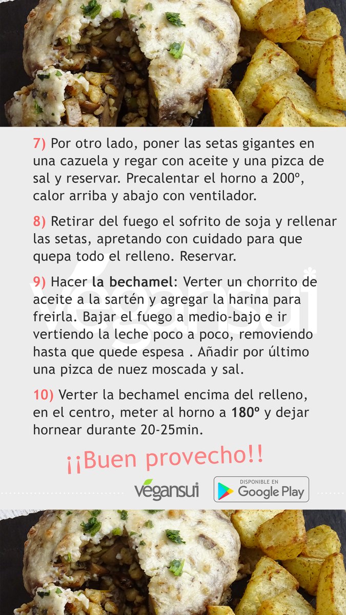 VegansuiApp's tweet photo. Otra receta de temporada, muy resultona y sencilla. 
PORTOBELLOS GIGANTES RELLENOS DE SOJA Y BECHAMEL
Setas horneadas con soja texturizada a las hierbas provenzales y vino blanco. 
En breve la tendréis también en la app https://t.co/p5WxQ9jgnG, siempre + detallada y cómoda. https://t.co/HIO16fA1Qv
