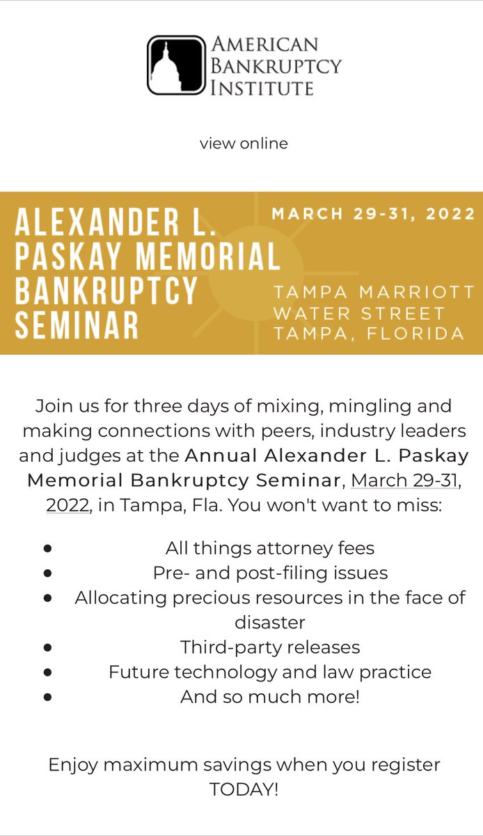 Early bird rate ⁦<a href="/abiworld/">ABI</a>⁩ ends today! ⁦<a href="/FlaBizLaw/">Business Law Section</a>⁩ ⁦<a href="/tampabaybba/">tampabaybba</a>⁩  ⁦<a href="/IWIRCFlorida/">IWIRC - Florida</a>⁩ ⁦<a href="/TMAGlobal/">TMA</a>⁩