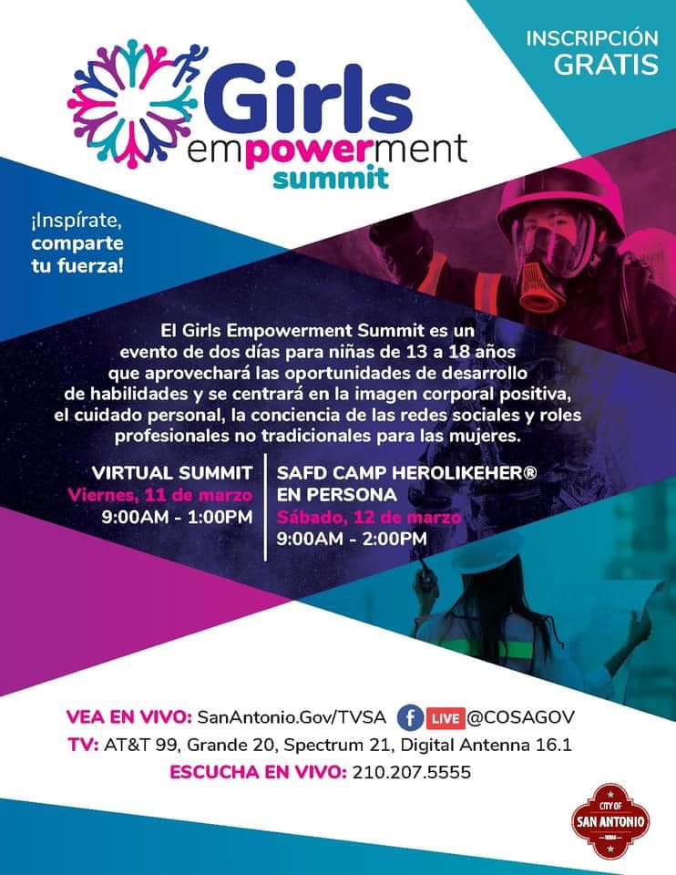 Register TODAY for the Girls Empowerment Summit!
The Girls Empowerment Summit is a two-day event for girls aged 13-18 on March 11 and 12. 
Learn more at: sanantonio.gov/.../edu.../Gir….