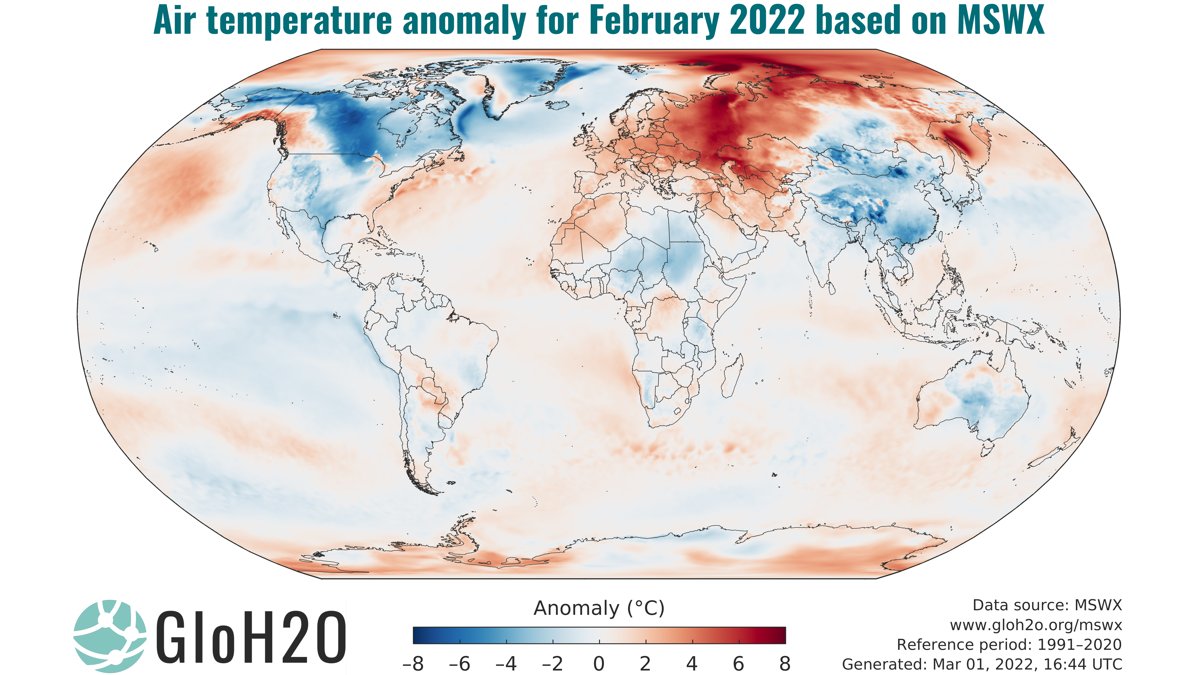 The global average air temperature for February 2022 was 0.22 °C above the 1991–2020 average