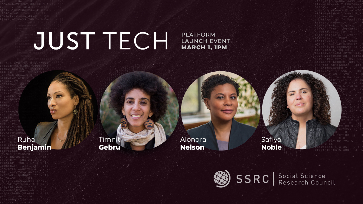 ssrc_org's tweet image. To see a live demo and Q&amp;amp;A session, join us at 1 p.m. ET for the #JustTech platform launch event, featuring remarks from @ruha9, @timnitGebru, @safiyanoble, and former SSRC president @Alondra Nelson.

Register now: ssrc.zoom.us/webinar/regist…