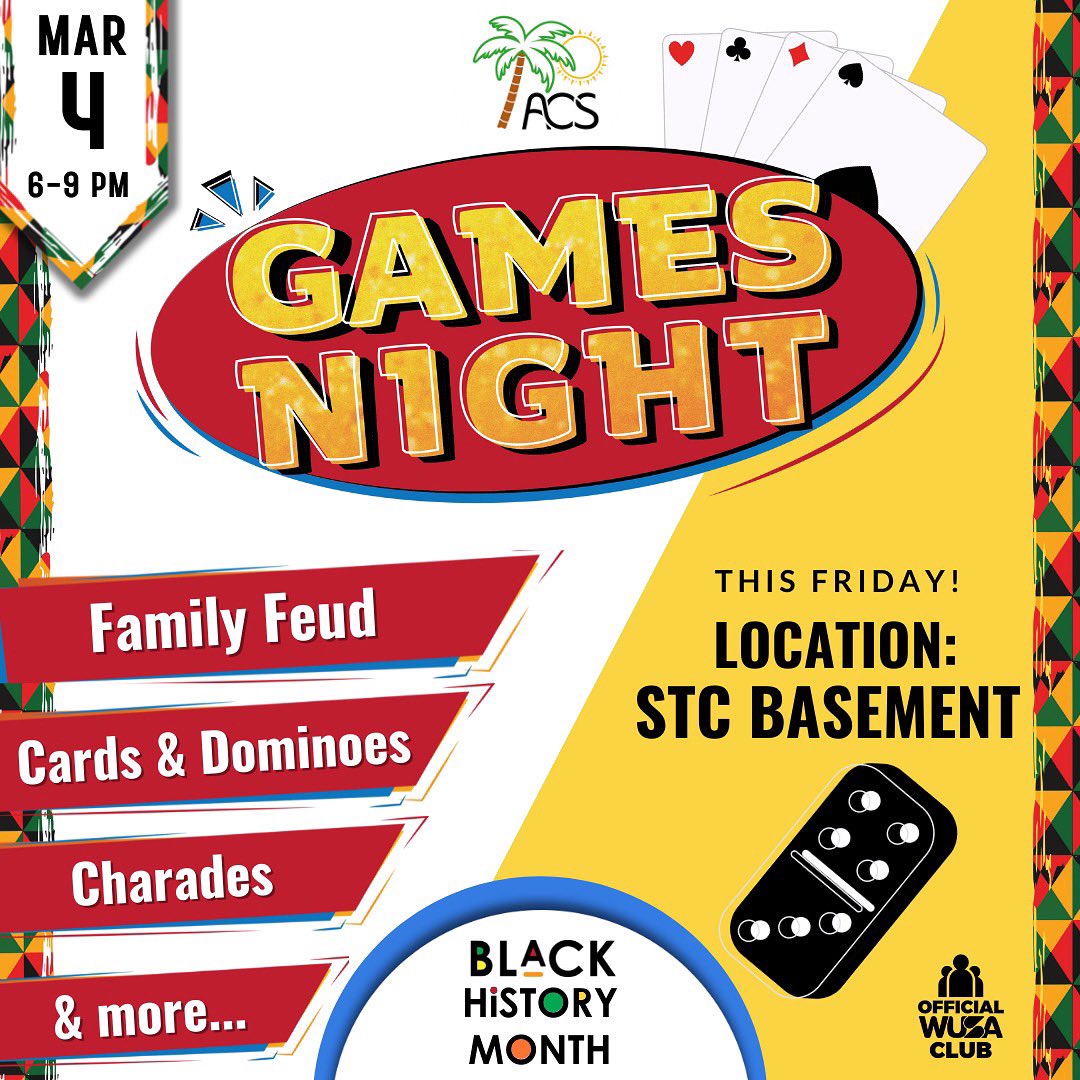 We’re ending Black History Month with a bang💥

Meet us in STC’s Basement THIS FRIDAY 6-9pm for a night full of games🤯

So gather all your friends and come out to play our special edition of family feud, draw battle, charades and much more!!!👾🤗